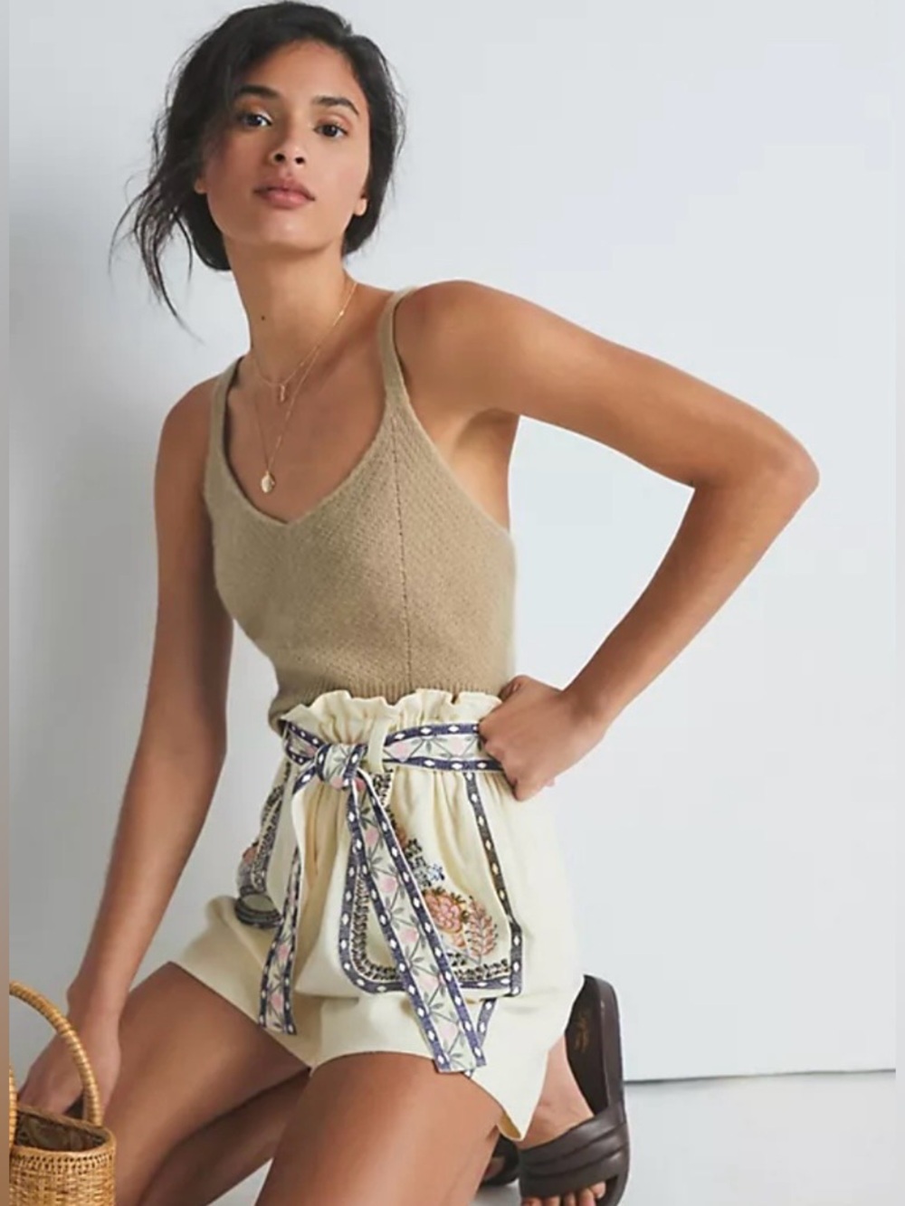Anthropologie Annaleigh Piper Cream Floral Embroidered Belted Baggy Shorts